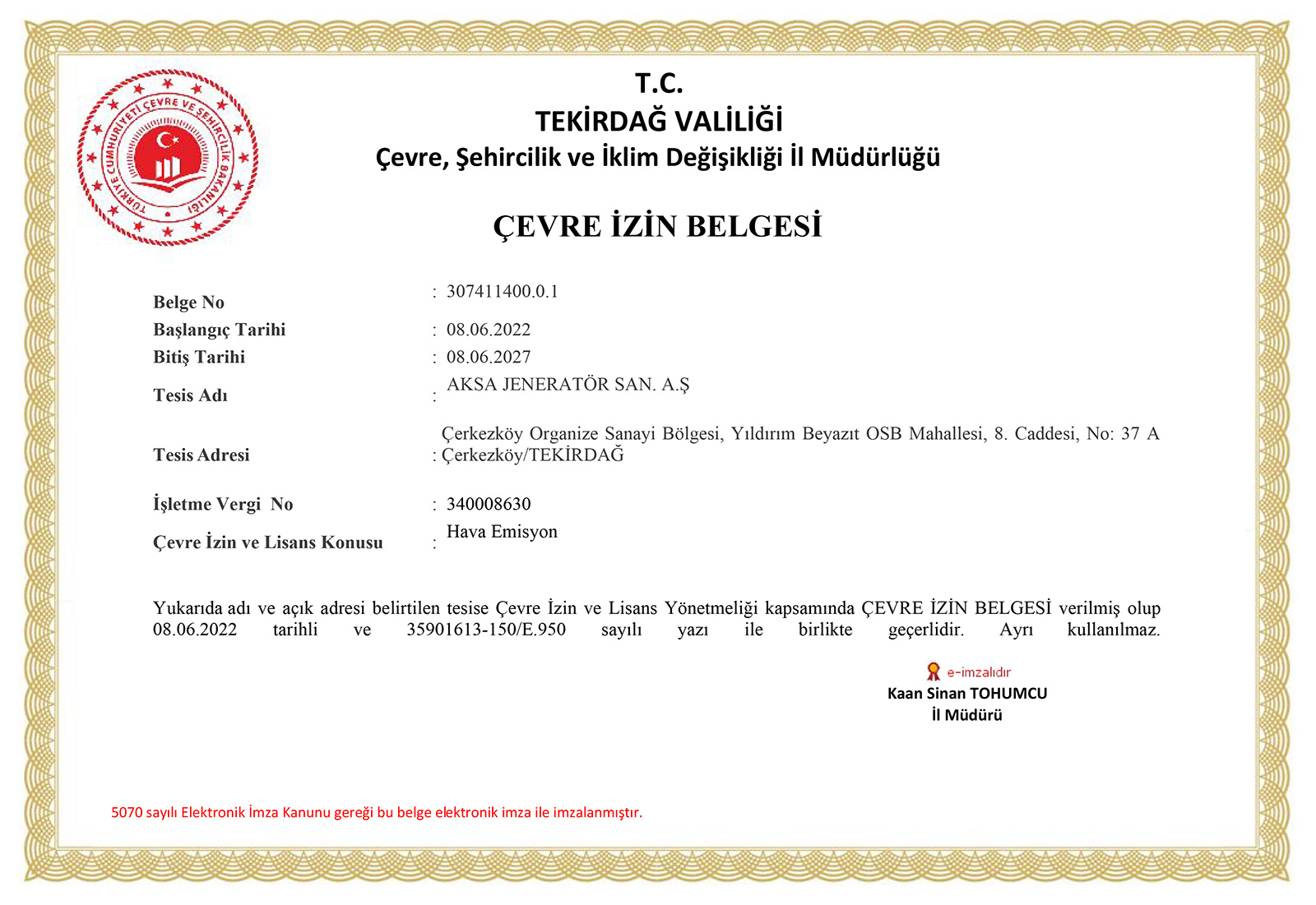 Çevre İzin Belgesi